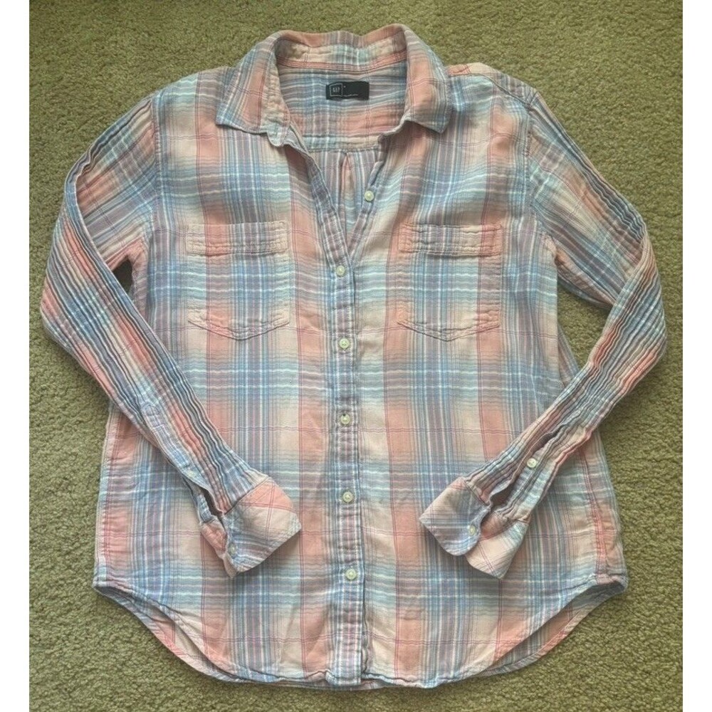 Gap The Big Shirt Women's Medium Pink Plaid Long Sleeve Collared Casual Top
